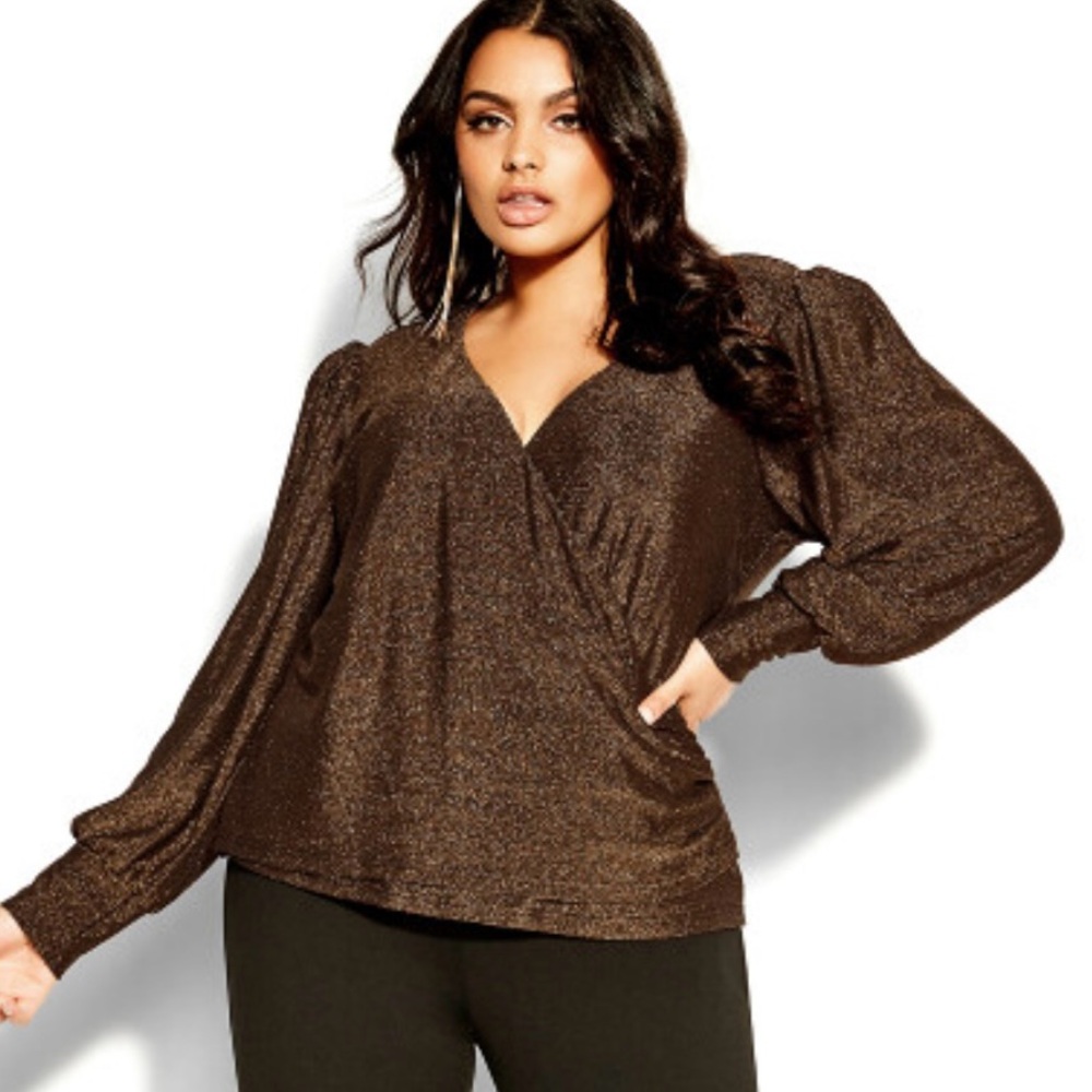 City Chic Brown Wrap Blouse with Relaxed Sleeves